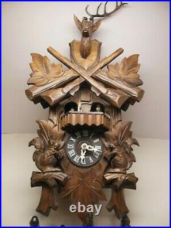 Vtg Cuckoo Clock W German Dr Zhivago Carved Wood Stag Hunter Squirrels 18 Tall