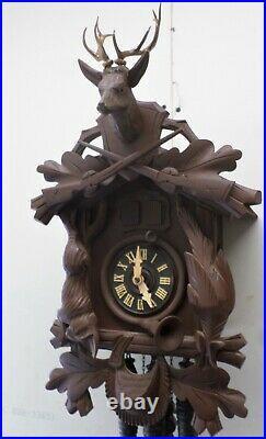 Wonderful German Black Forest Hunter Deer Musical Rigoletto Carved Cuckoo Clock